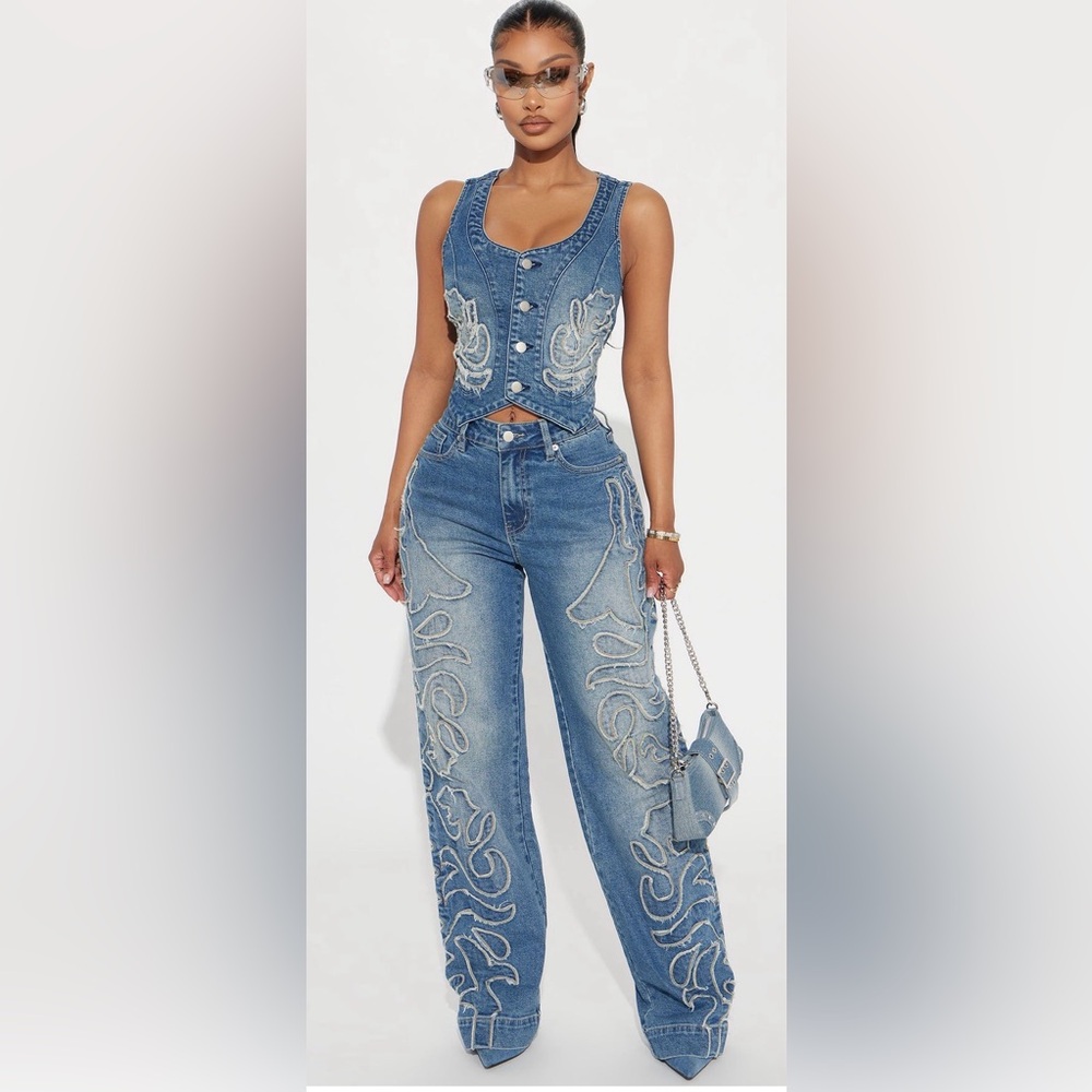 Fashion Nova denim medium wash jeans & vest set